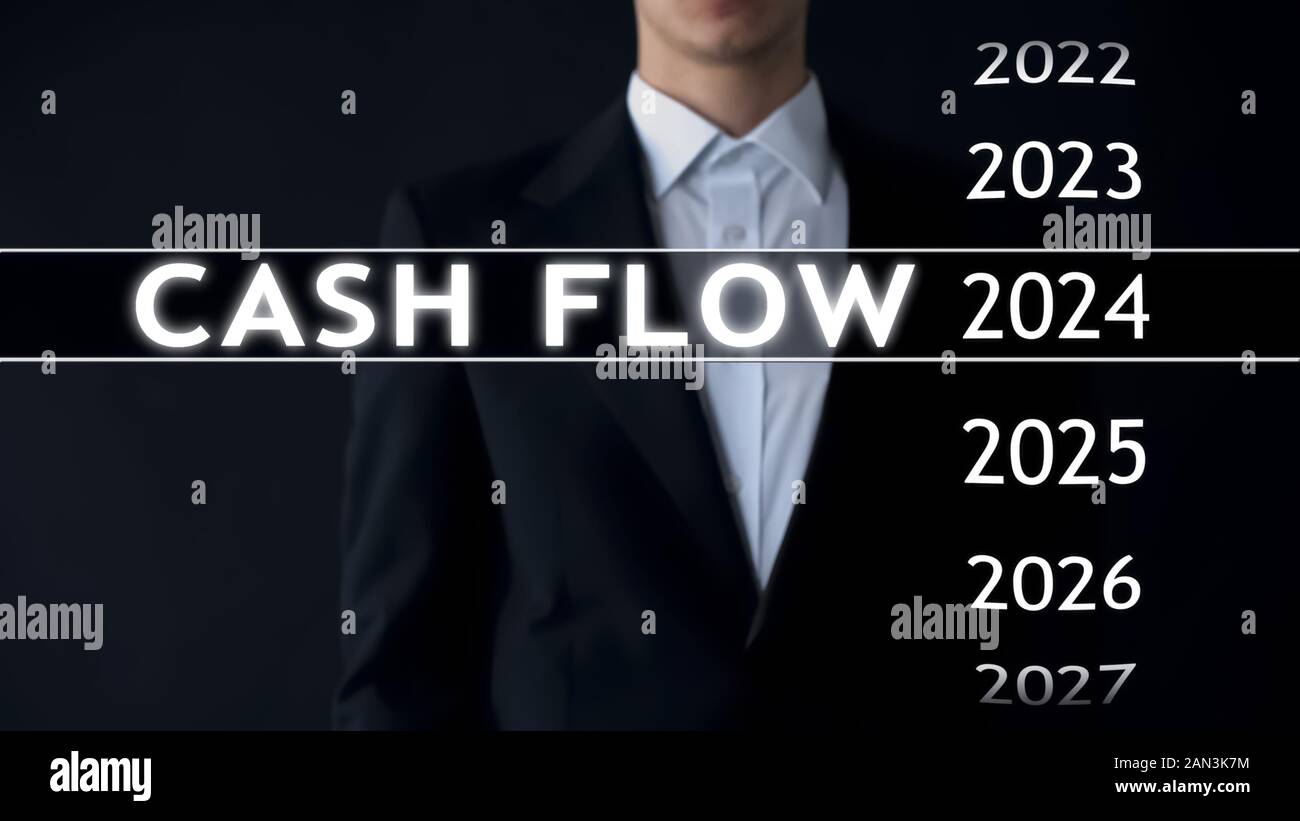 Cash flow for 2024, businessman selects financial report on virtual screen Stock Photo