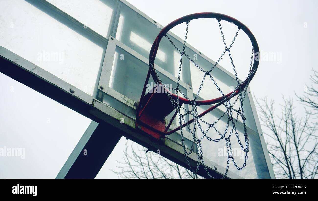 Basketball hoop with chains bottom view Stock Photo Alamy