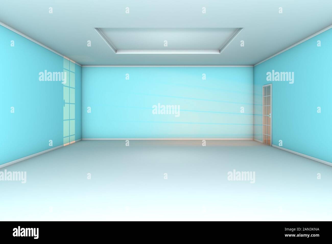 Empty room with sun shafts and light coming through a glass door, 3d cgi render Stock Photo