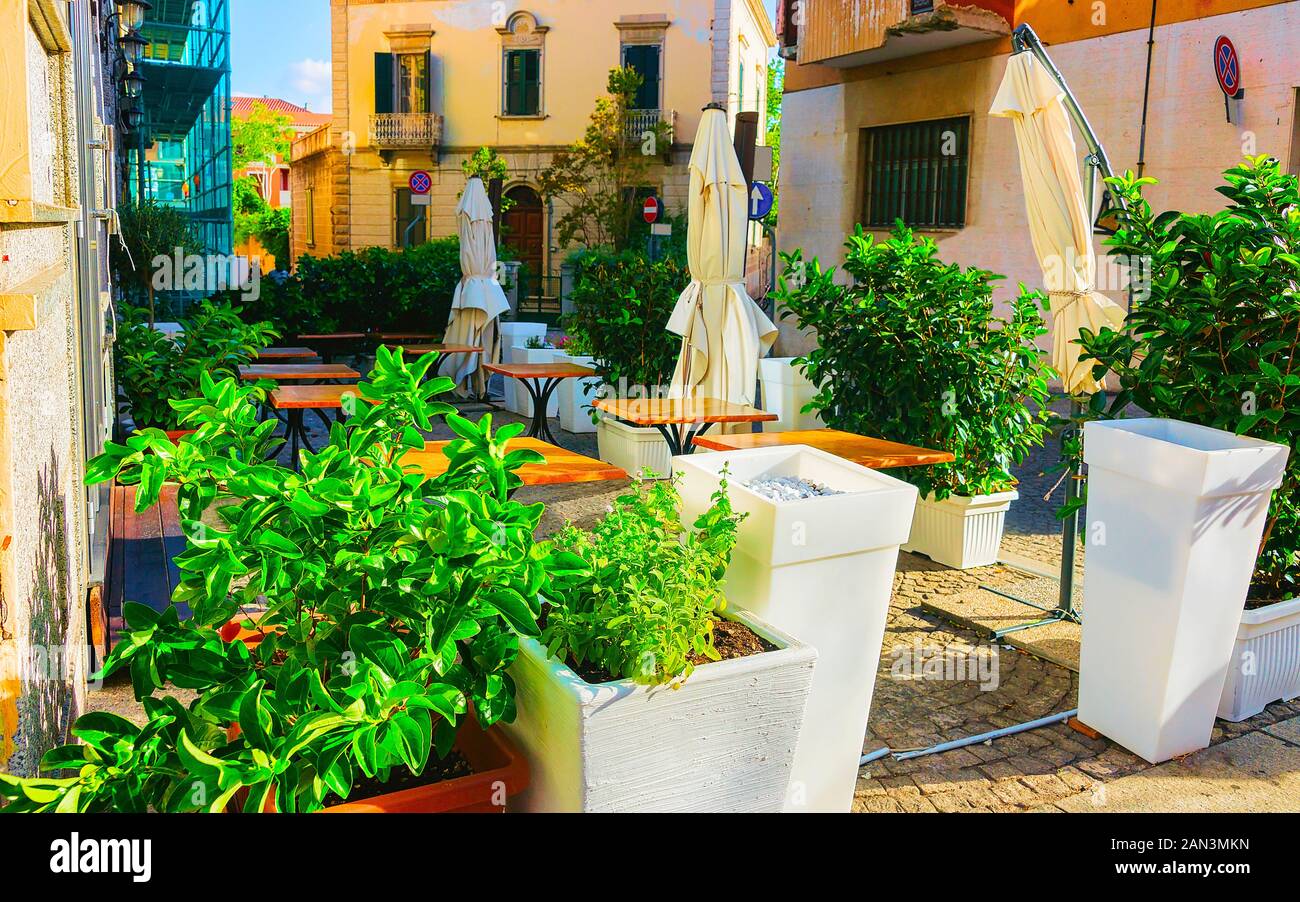 Street cafe on Corso Umberto Street in Olbia reflex Stock Photo