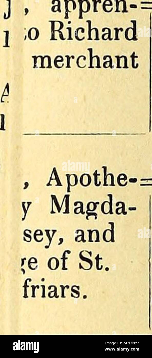 Transactions of the Leicestershire Architectural and Archaeological Society . fibigrtc of &lt;%sicr of gkbjj. I ] f i son, citizen= Frances, dau. of Ralph = 2nd husb. Thomas of London,ed 26 Nov.,627. Tough, of Barrow, co.Leic. Smith, married 25Feb. 1627-8.+ George Chester,5th son, bapt. IOct. 1594, living1628. ster, of ==i( bapt. 237 Abigail Chester, bapt. 5 Nov.1623;+ died unm.; bur. 8Sept. 1636.+. Apothe-=Mary Cuer. of St. Olaves, South-wark, marre.licence dat. 11 Feb.1715-16. Chester,6 Feb.3-4* Mary Chester,bapt. 3 March1725-6 * THE CHESTERS OF BLAEY. 177 CHESTER. f 4 Camdens Vis. of Leic: Stock Photo