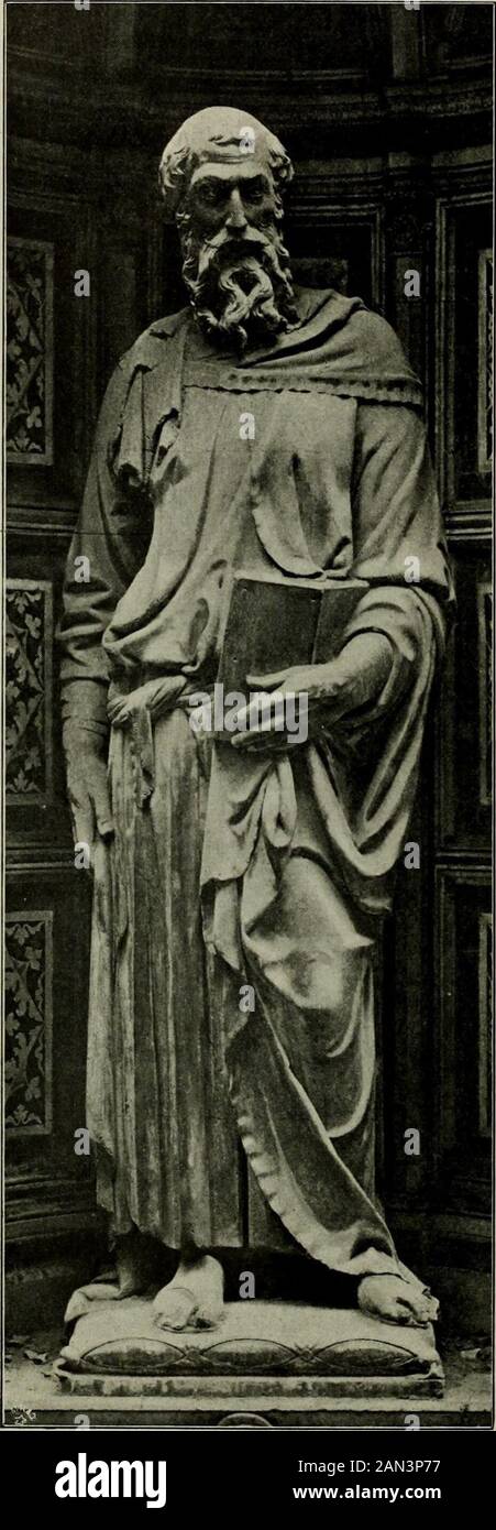 Donatello . Fig. 8. St. Peter. Florence.Or San Michele. (Nanni di Banco?)(To pages 14 and 25.) 14. Fig. 9. St. Mark. Florence. Or San Michele.(To pages 14 and 18.) was of the greatest importancefor the history of Florentineplastic art, had at first beenbut slowly realized. Withinnearly 70 years (1339—1406)only four marble statues hadbeen erected, when the Signoryissued an urgent warning to thebackward guilds, and now theniches filled rapidly. PerhapsDonatello participated alreadyas assistant in the St. Phillip(1408) and the Four Saintsby Nanni diBanco. TheSt.Peterstatue of the butchers guild(F Stock Photo