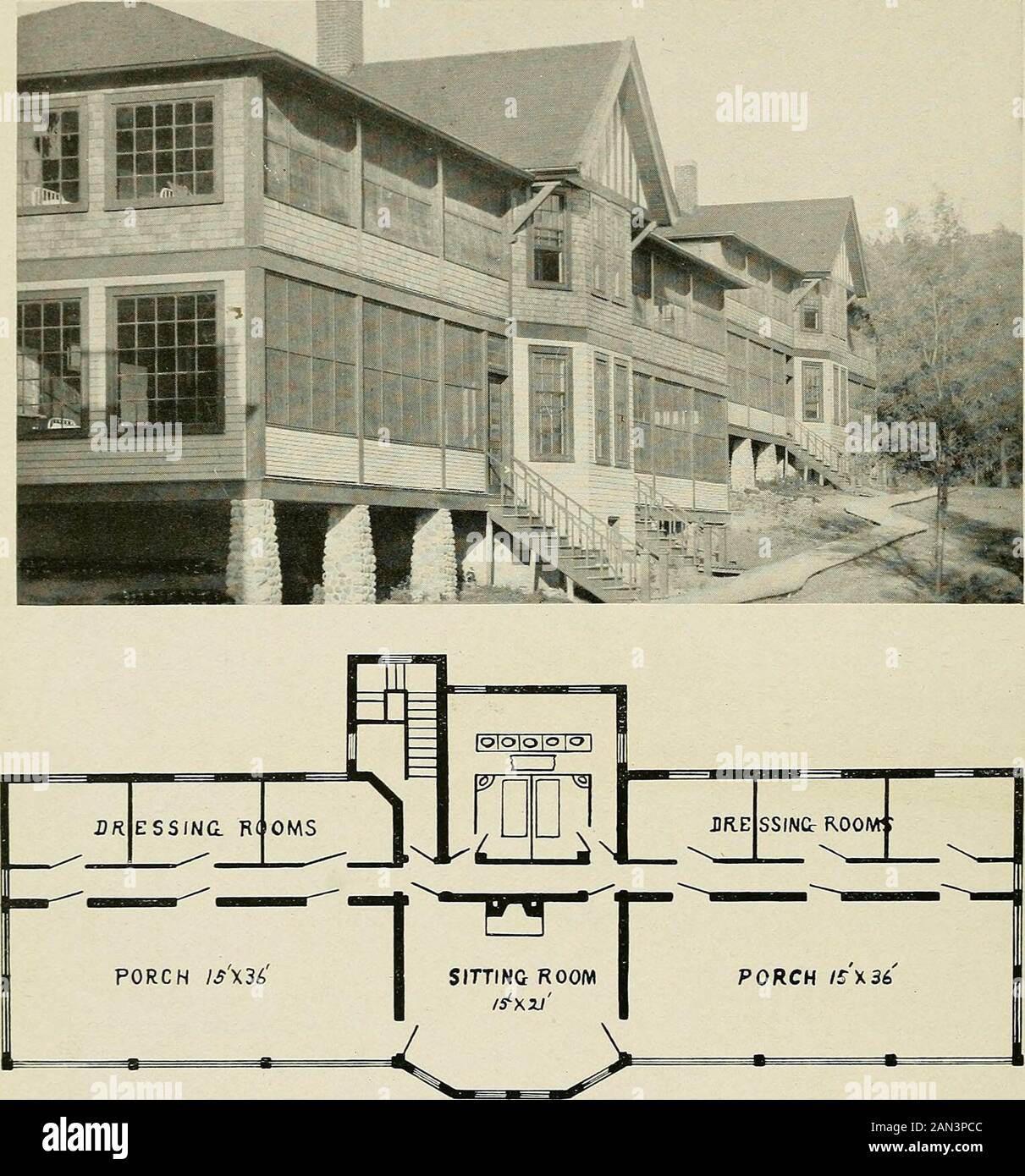 Tuberculosis hospital and sanatorium construction; . Warp No. 80.—Catawba  Sanatorium, Catawba, Va. Designed by Dr. Ennion G. Williams. Lean-to. View  of Front Elevation and Floor Plan. Capacity, 16 Patients. Estimated Cost,  $2,coo. (, image size:1211x1390
