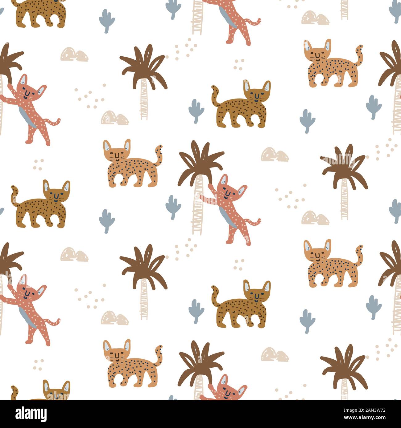 Exotic wild cat seamless pattern with abstract trees. Hand drawn cute design vector texture. Stock Vector