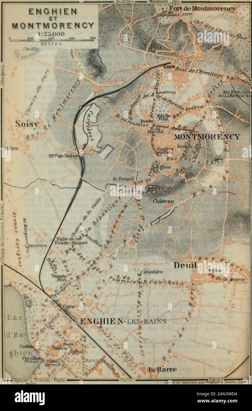 Paris and environs, with routes from London to Paris : handbook for travellers . large open pro-menade. Temp. 50-57° Fahr. Small Boats on the lake, 2 fr. per course (21/2 fr. on Sun.) and 1/2 fr.extra for each pers. beyond one; ferry across the lake IV2 fr. Cabs at the station: per hr. 3 fr. (4 fr. on Sun. and holidays); toMontmorency, 3 fr. Electric Tramway from the station (Rue du Depart): 1. To Moni-morenqj (p. .397); 2. to Paris (Trinitc; TN15; Appx., p. 48), by Epi-nay, iSt-Deuis, and St-Ouen. — Motor Omnibus in summer from thestation (Rue de PArriv^e): 1. To St-Gratien (p. 397), in V4 hr Stock Photo