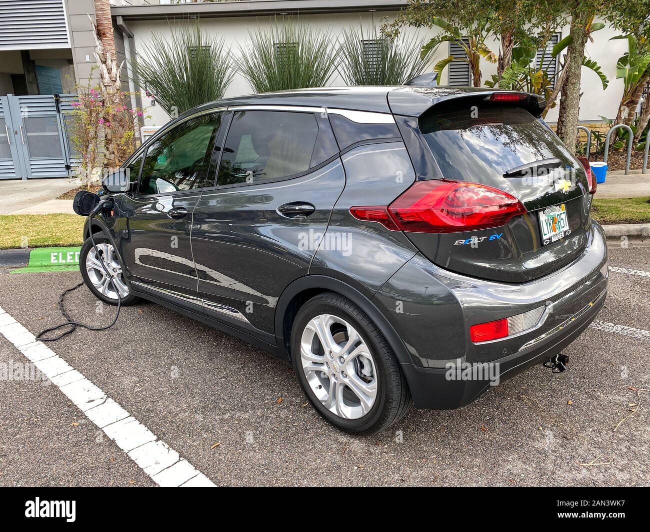 Orlando,FL/USA1/14/20 A Chevy Bolt electric vehicle charging at a