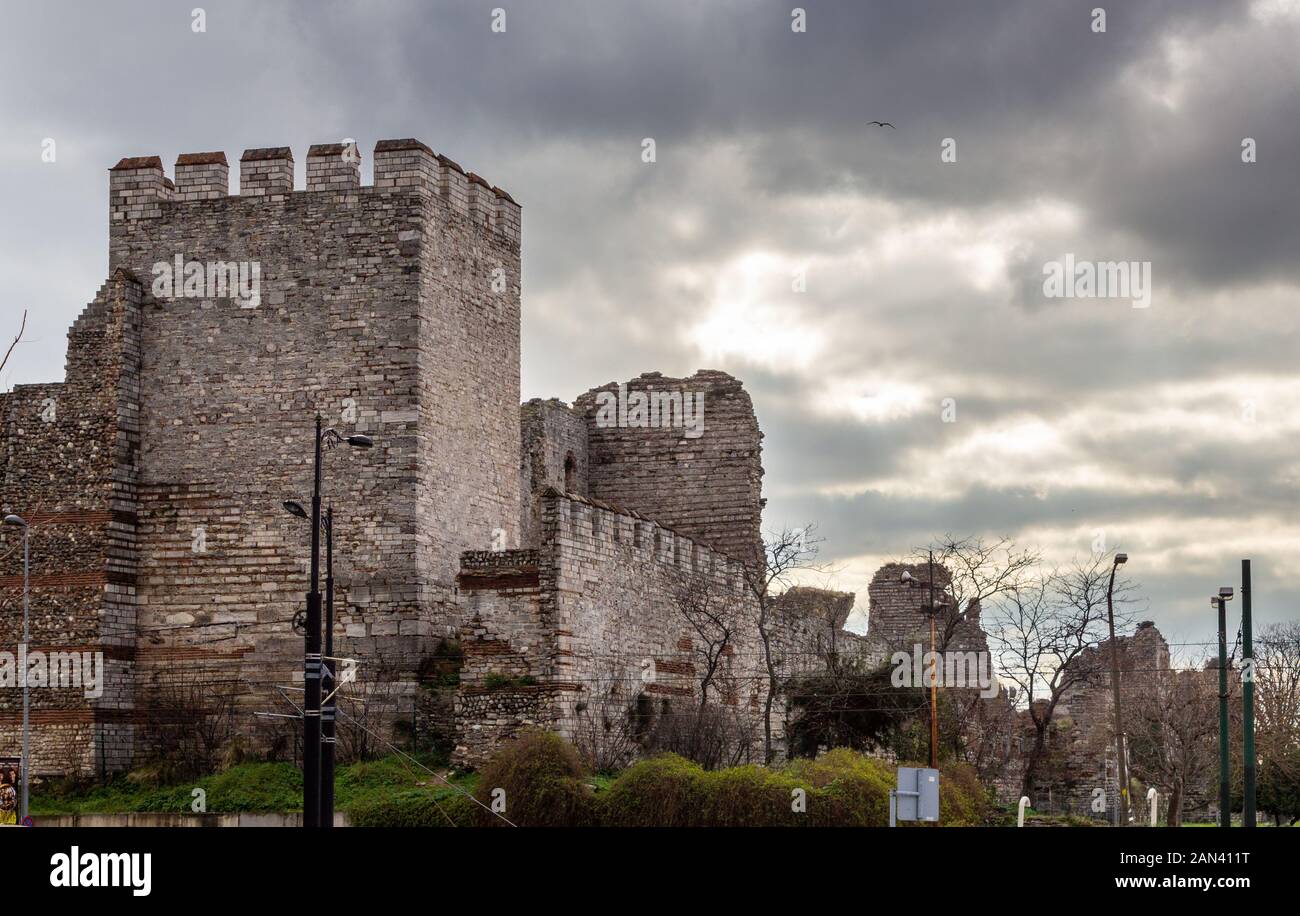 Eastern roman byzantine walls surrounding historical old Istanbul peninsula. Topkapi and Edirnekapi region. Turkey Stock Photo