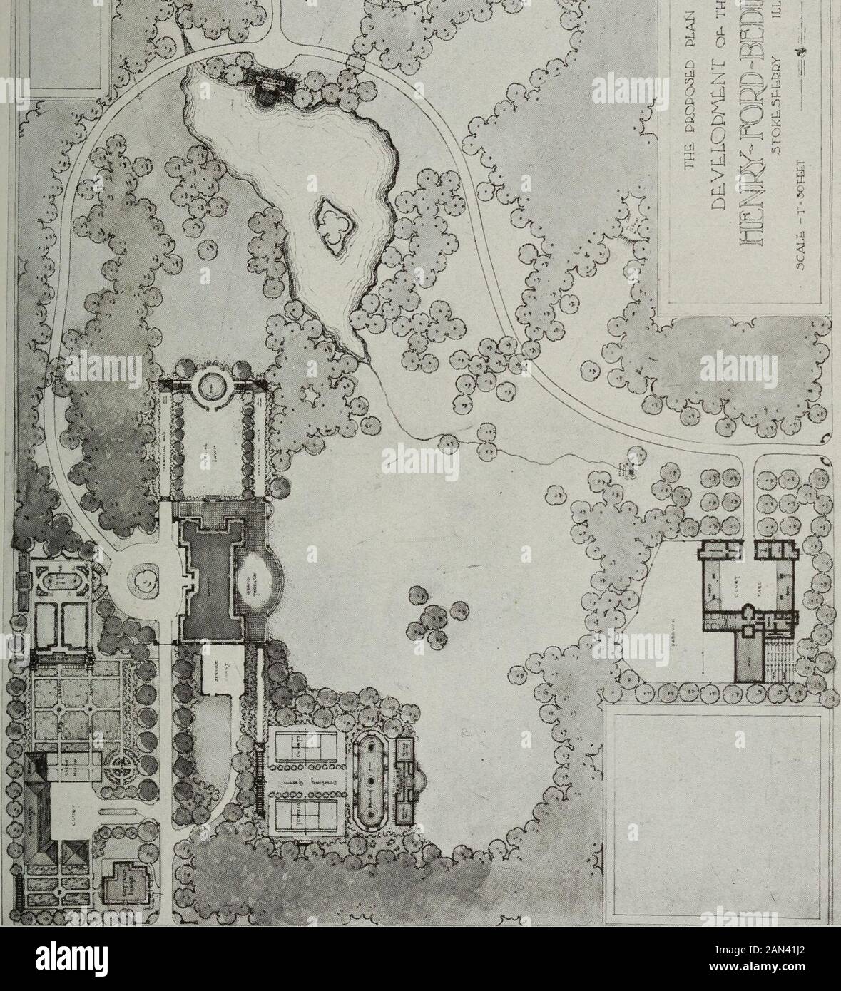 The 1917 Reptonian: an annual publication representative of the work in the professional course of landscape gardening at the University of Illinois . ts in the south-eastern wooded section were featured by vistasterminated by an overlook, a camp, and a fireplace respectively. Thestream was dammed to make a feature lake, which gave an excellent oppor-tunity for a reflection pavilion, which terminated the principal vista fromthe garden overlook. The display drive followed the contour and for thisreason some of the curves were not as flowing as they might have been.The main drive conformed with Stock Photo