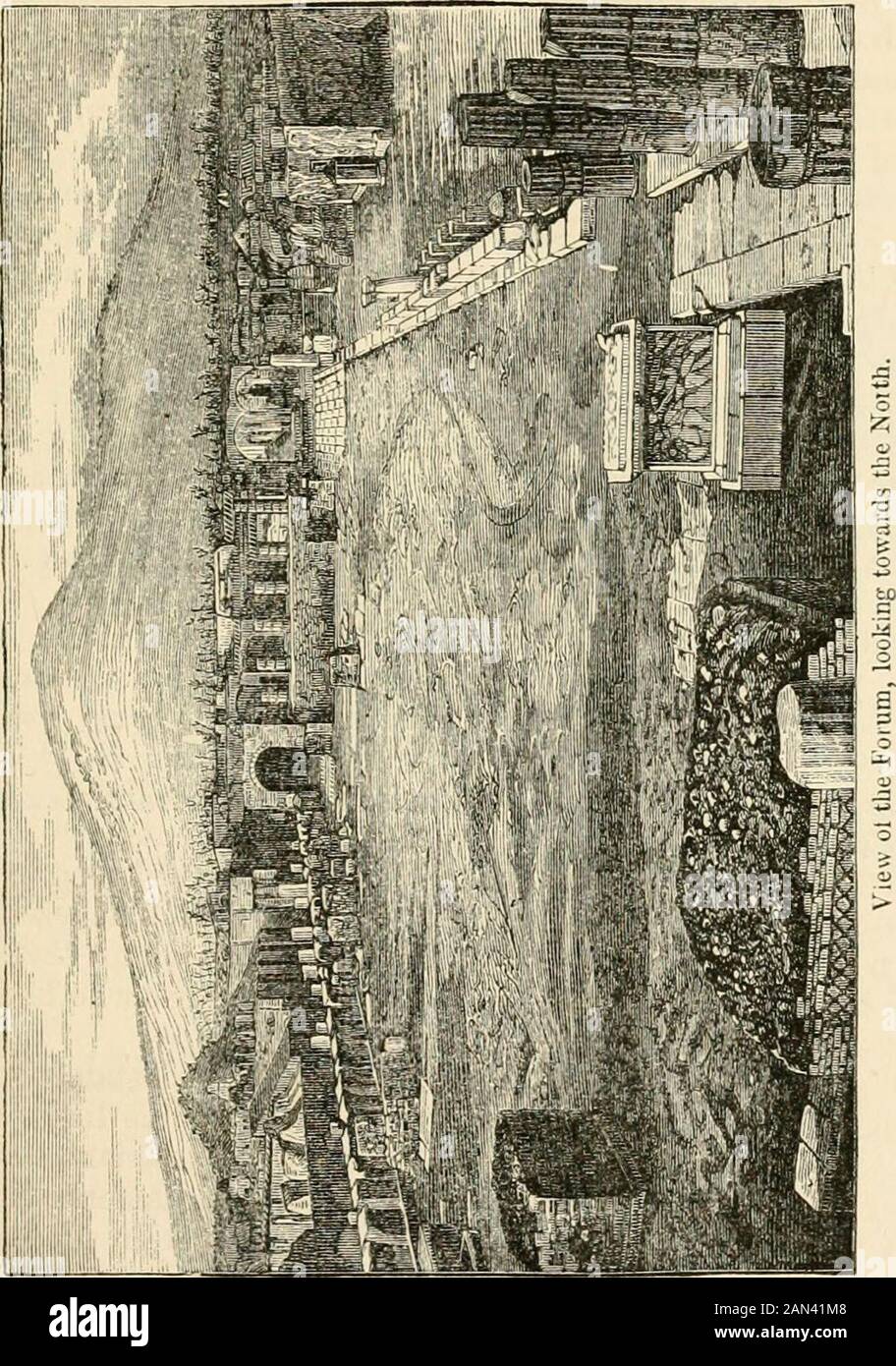 Pompeii, its history, buildings, and antiquities : an account of the destruction of the city with a full description of the remains, and of the recent excavations, and also an itinerary for visitors . at least, welearn from Vitruvius, was the general practice; and this gal-lery was usually appropriated to the use of those who had themanagement of the public revenue. The area of the Forum was. adorned with pedestals, for thestatues of those who merited or could procure this distinction.Some are of the proportion adapted to equestrian statues.They were- all coated with white marble, ornamented w Stock Photo