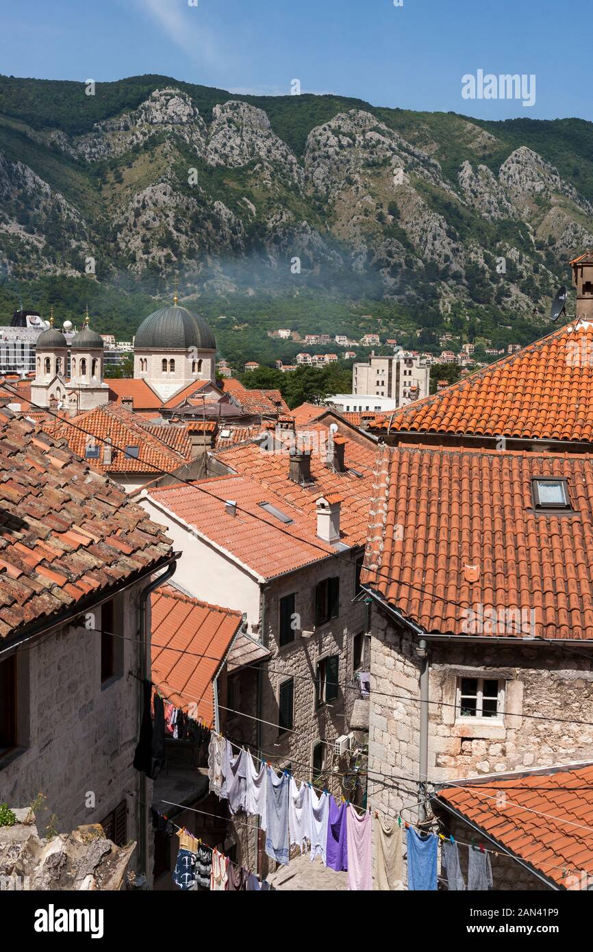 View over the rooftops of the old town of Kotor, Montenegro from St. John's Hill Stock Photo