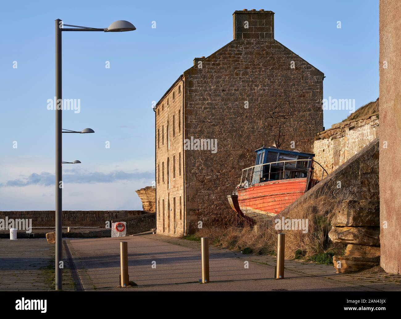 14 January 2020. Burghead Harbour, Moray, Scotland, UK. This is a scene from a very High Tide afternoon when most Fishing Boats were berthed due to st Stock Photo