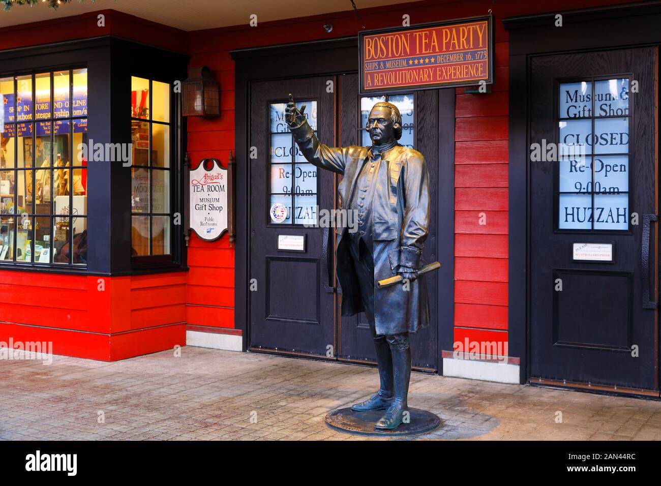 amuel Adams Statue at Boston Tea Party Museum, which is a floating history museum with live reenactments, multimedia exhibits & a tearoom.Boston, USA. Stock Photo