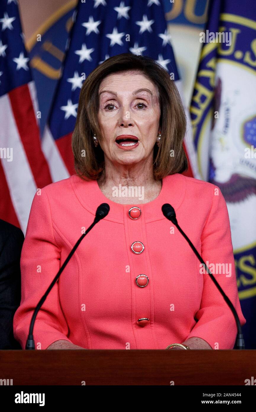 Washington, USA. 15th Jan, 2020. U.S. House Speaker Nancy Pelosi speaks during a press conference in Washington, DC, the United States, on Jan. 15, 2020. The U.S. House of Representatives officially sent impeachment articles against President Donald Trump to the Senate on Wednesday evening to allow a trial to get underway. Credit: Ting Shen/Xinhua/Alamy Live News Stock Photo