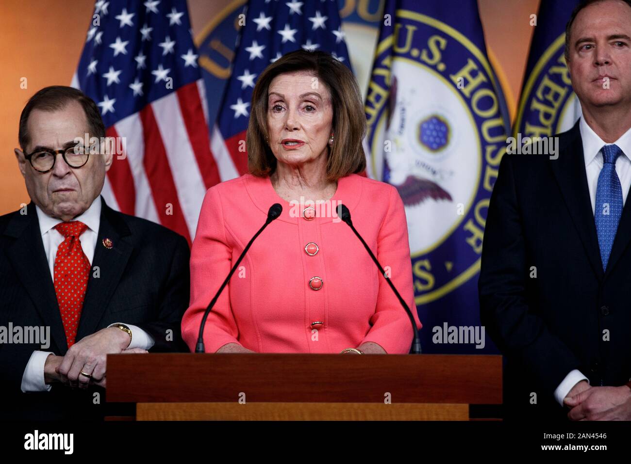 Washington, USA. 15th Jan, 2020. U.S. House Speaker Nancy Pelosi (C) speaks during a press conference in Washington, DC, the United States, on Jan. 15, 2020. The U.S. House of Representatives officially sent impeachment articles against President Donald Trump to the Senate on Wednesday evening to allow a trial to get underway. Credit: Ting Shen/Xinhua/Alamy Live News Stock Photo
