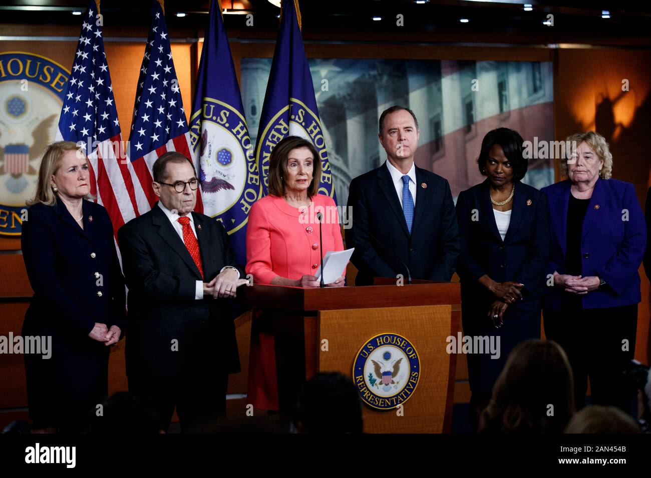 Washington, USA. 15th Jan, 2020. U.S. House Speaker Nancy Pelosi (3rd L) speaks during a press conference in Washington, DC, the United States, on Jan. 15, 2020. The U.S. House of Representatives officially sent impeachment articles against President Donald Trump to the Senate on Wednesday evening to allow a trial to get underway. Credit: Ting Shen/Xinhua/Alamy Live News Stock Photo