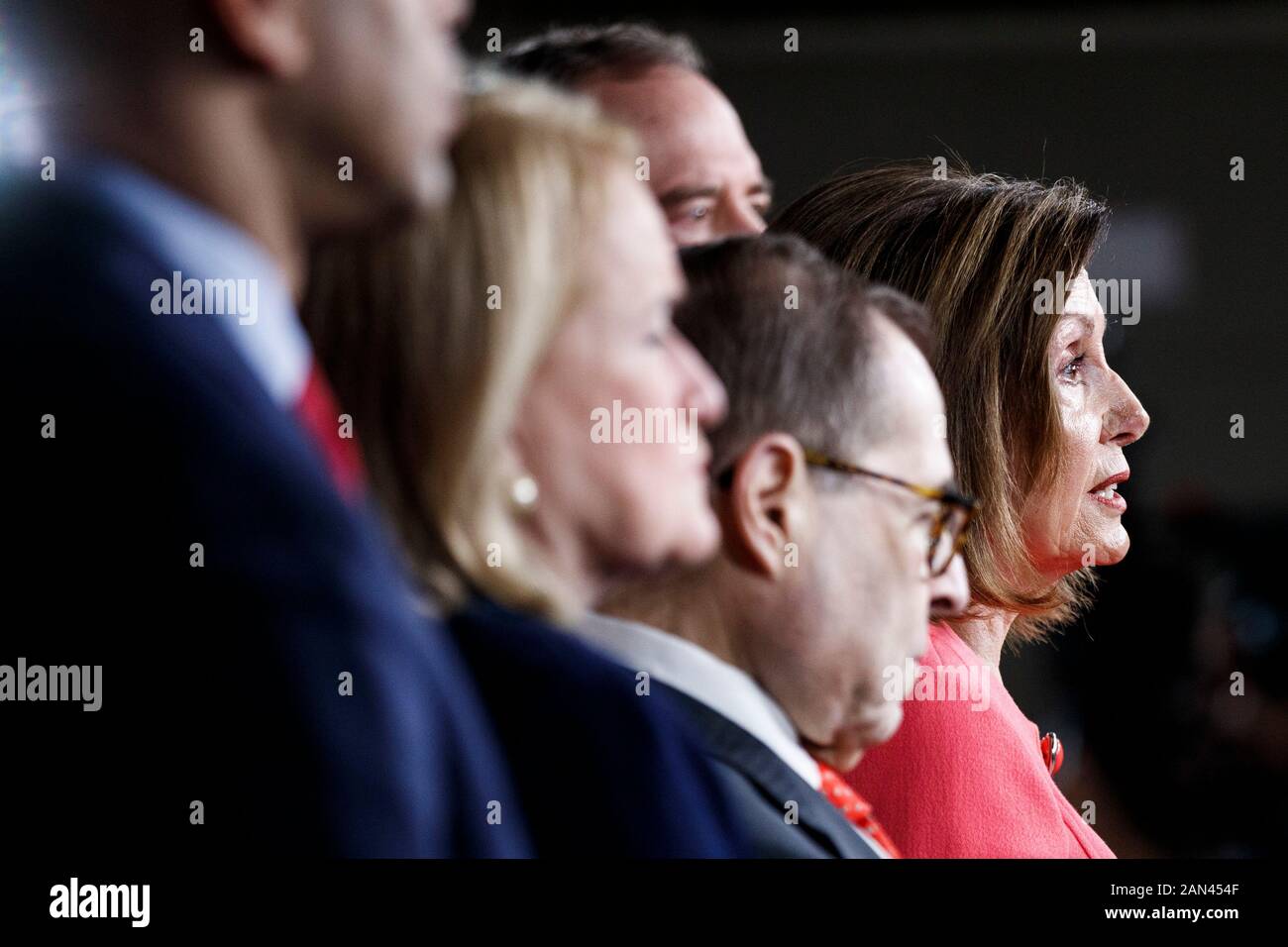 Washington, USA. 15th Jan, 2020. U.S. House Speaker Nancy Pelosi (1st R) speaks during a press conference in Washington, DC, the United States, on Jan. 15, 2020. The U.S. House of Representatives officially sent impeachment articles against President Donald Trump to the Senate on Wednesday evening to allow a trial to get underway. Credit: Ting Shen/Xinhua/Alamy Live News Stock Photo