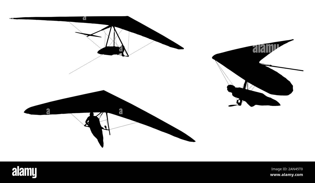 Set of real Hang gliding wing silhouettes isolated on white. Template for extreme sport logo, sign, drawing Stock Photo