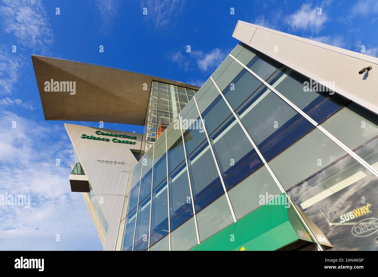 Looking up of Connecticut Science Center on a sunny day. Stock Photo