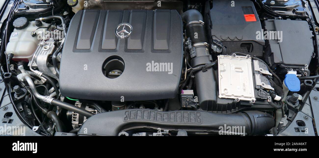 Engine bay of W177 Mercedes-Benz A-Class car Stock Photo