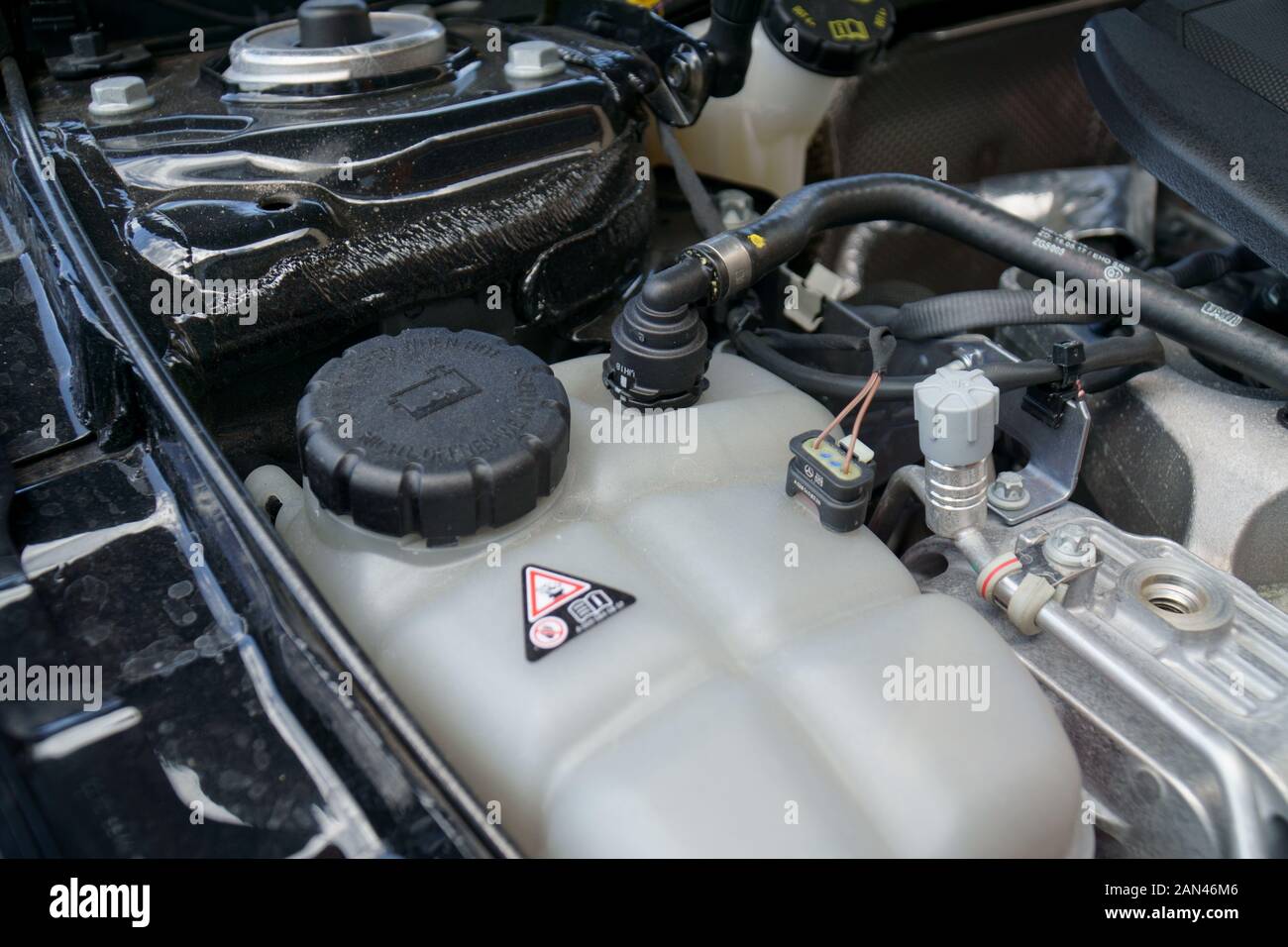 Coolant expansion tank in the engine bay of a car Stock Photo