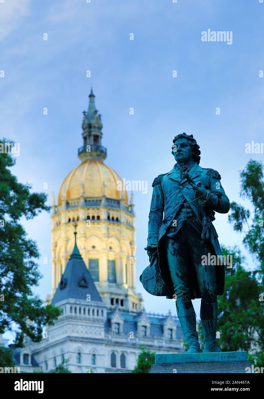 A Statute of Israel Putnam, an officer in the American Revolution. stands at the Connecticut State Capitol in Hartford, Connecticut Stock Photo