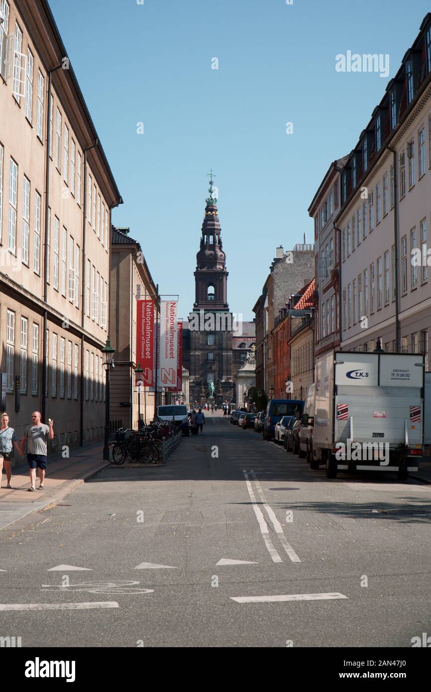Christiansborg Palance, Copenhagen, viewed through a street with the National Museum of Denmark on one side Stock Photo