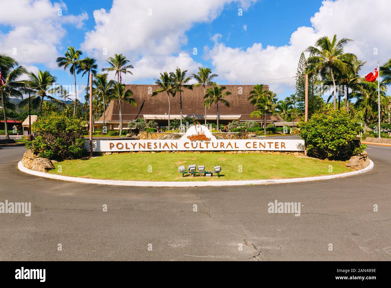 Laie, Oahu, Hawaii - November 01, 2019: Entrance of the Polynesian Cultural Center. is a Polynesian-themed theme park and living museum located in Lai Stock Photo