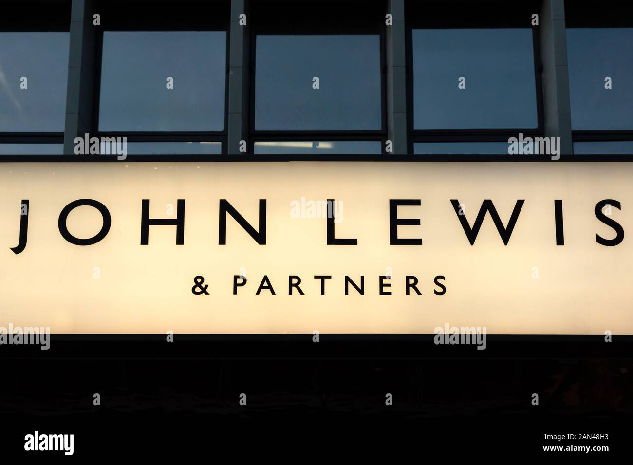 John Lewis & Partners logo wall, Oxford Street, London, UK Stock Photo