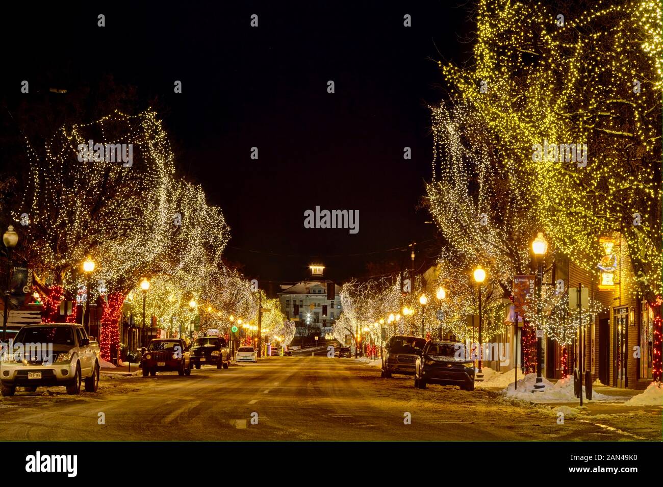 Downtown Littleton Colorado decorated for the holiday season. Stock Photo