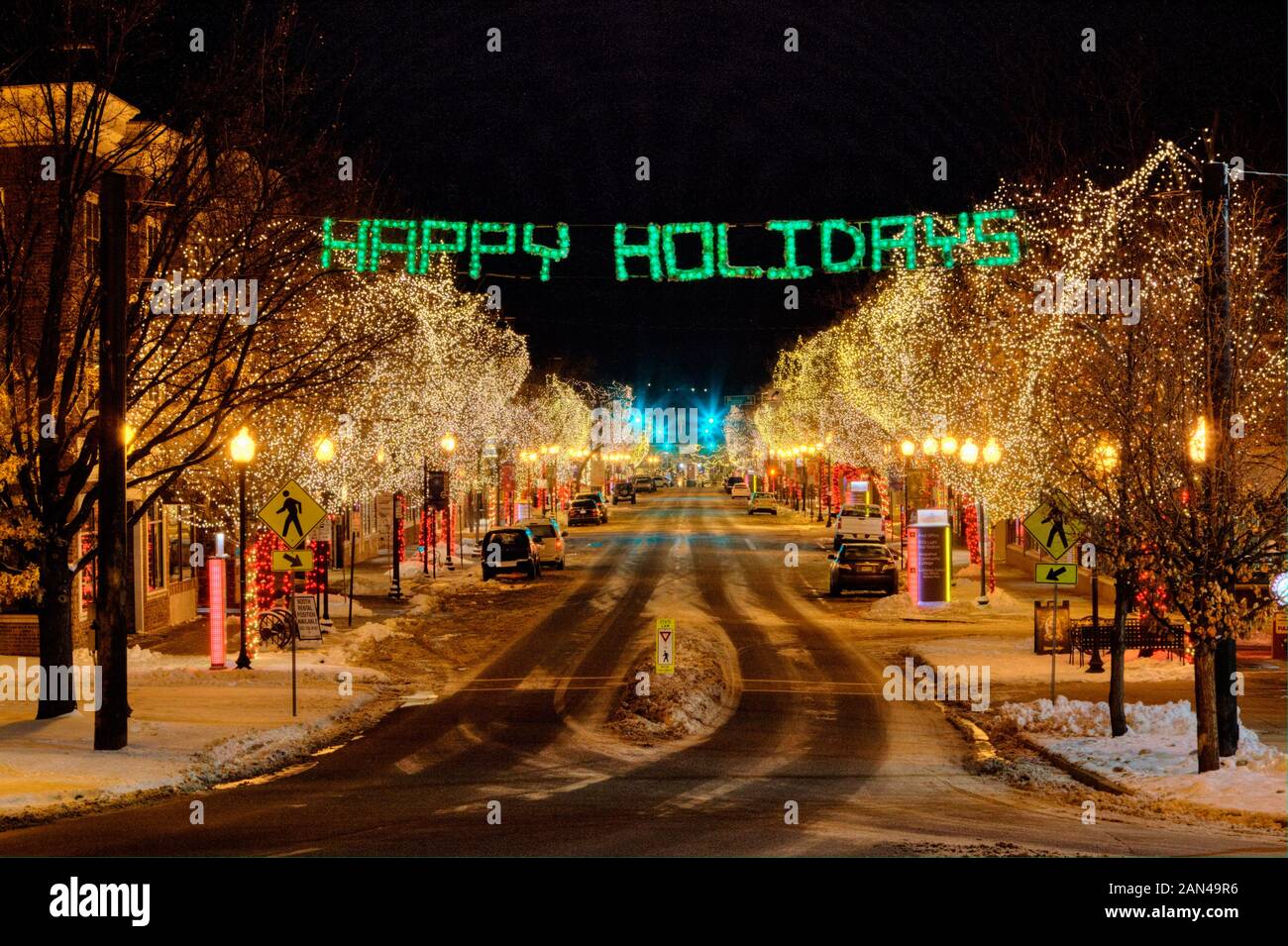 Downtown Littleton Colorado decorated for the holiday season. Stock Photo