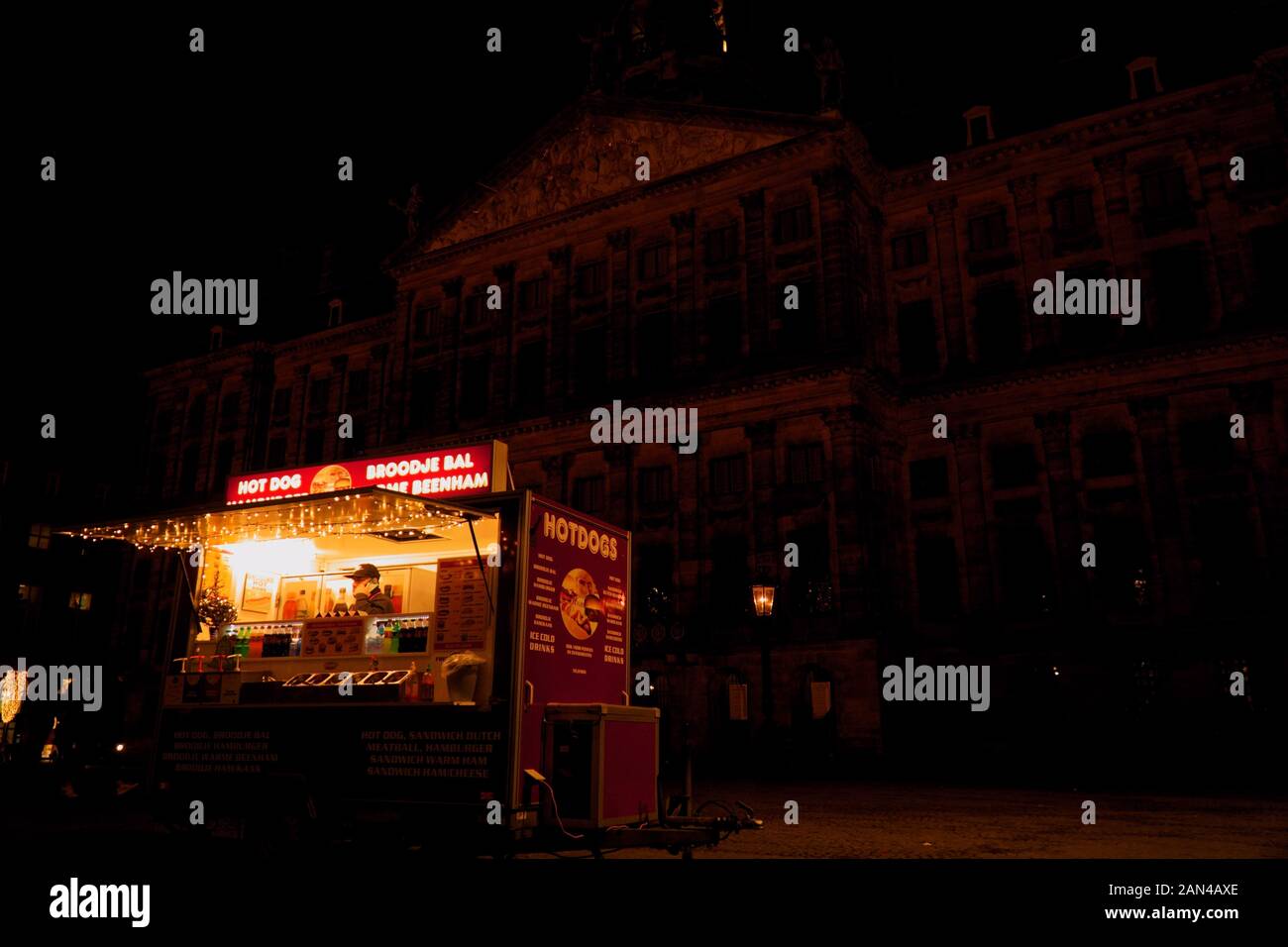 Food truck in front of the Royal Palace in Amsterdam, Netherlands Stock Photo