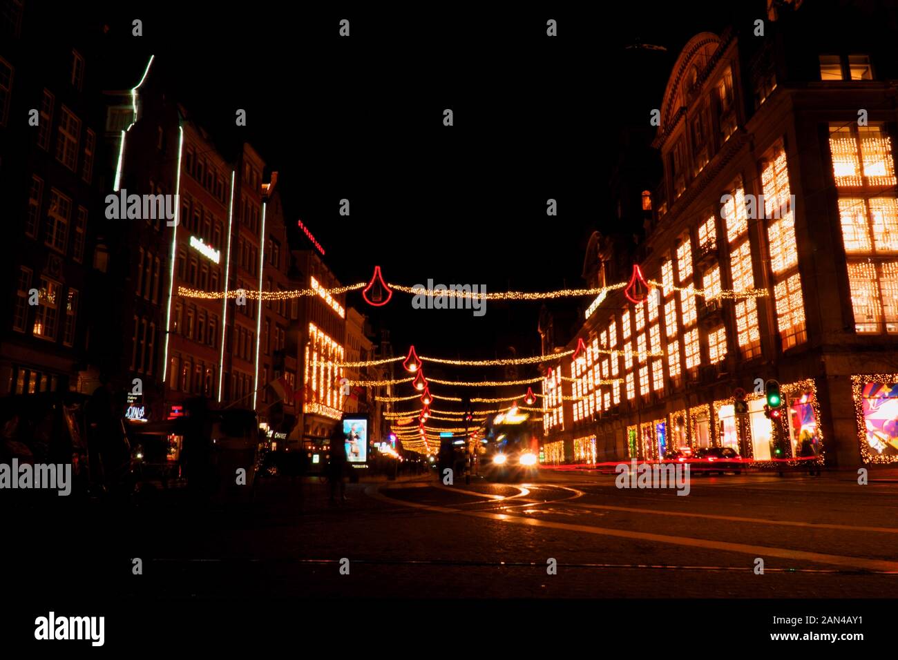 Long exposure Christmas lights at Dam square in Amsterdam Stock Photo