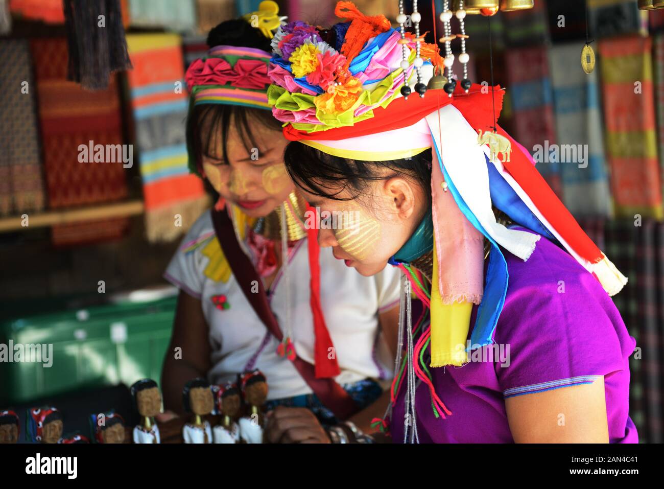 Padaung women refugees near Mae Hong Son in Thailand. Stock Photo