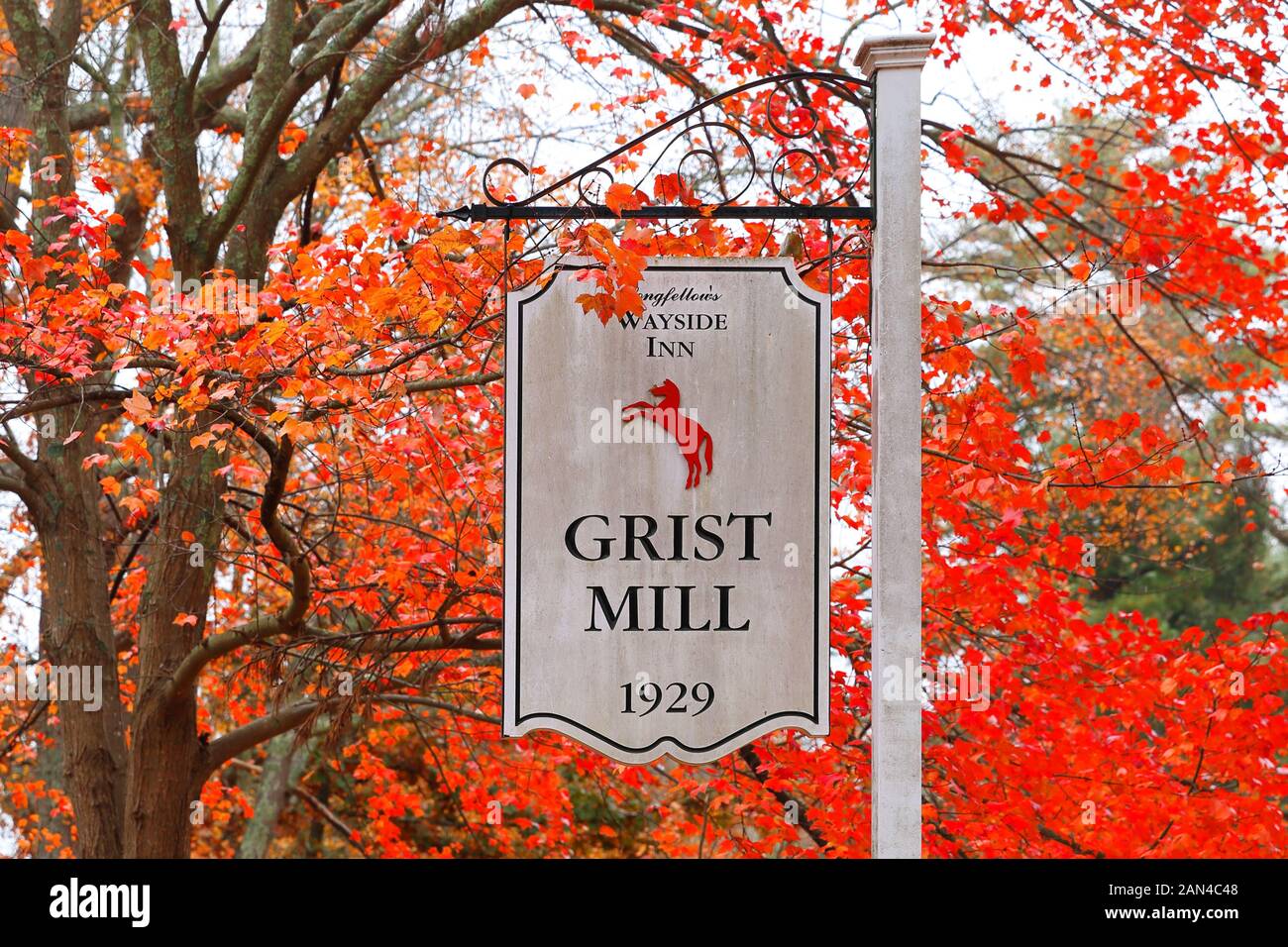 The sign of The Wayside Inn Grist Mill in Autumn. Stock Photo