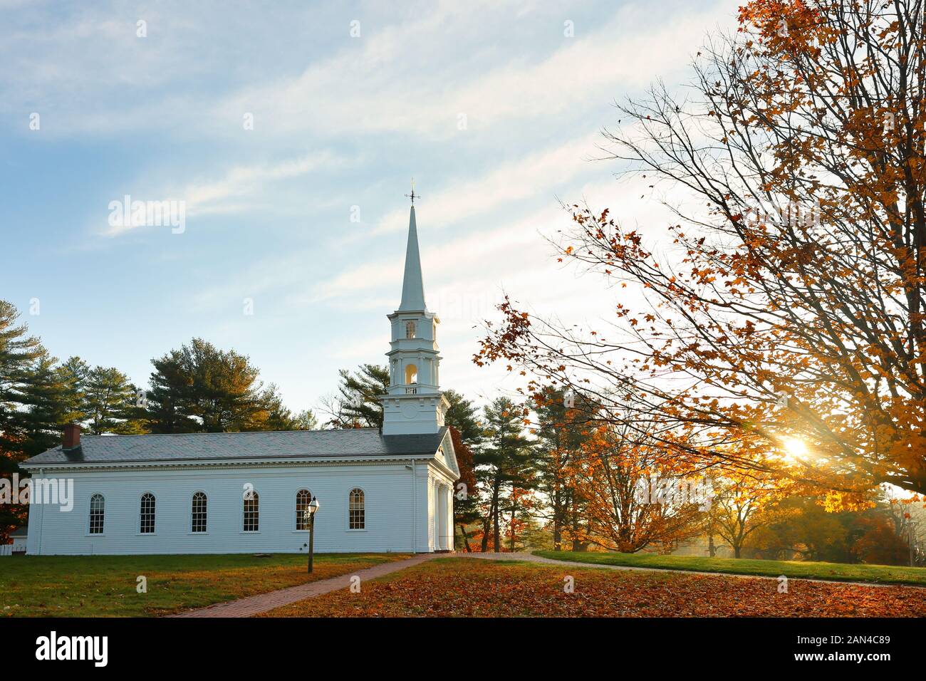 The Martha Mary Chapel of Wayside Inn on a sunny morning. The Chapel was built by Henry Ford and has long been recognized as a Sudbury landmark. Stock Photo