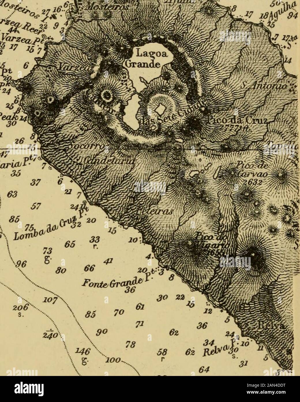 The Azores : or Western Islands : a political, commercial and geographical account ... . These are the only dangerous rocks around the Azores,with the exception of a recently-formed ridge just perceptibleon the surface of the sea, almost in mid-channel betweenS. Miguel and Terceira, and occupying a space of some ninemiles in a direction ^.W., S.E., and in lat. N. 38^ 16, andbetween longitudes 26^ 41 and 26° 50 W. of Greenwich. This shoal would seem to have been observed in 1749, butit disappeared shortly afterwards until 1882-3, when it againrose—without, however, any previous eruption. It wou Stock Photo