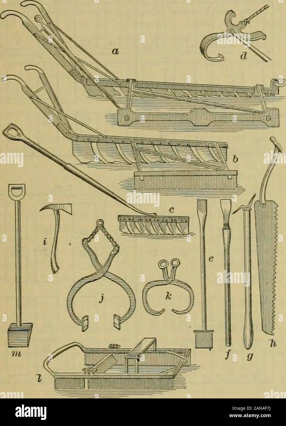 Knight's American mechanical dictionary : a description of tools, instruments, machines, processes and engineering, history of inventions, general technological vocabulary ; and digest of mechanical appliances in science and the arts . Ice-Shaver. Ice-spade. A tool for cutting ice. See m, Fig.2658, IcK-TuoLS. Ice-tongs. Gi-asping implements for carryingblock.s of ice ; or, on a small s.ale, for handlingpieces of ice at table. See J k, Fig. 2358. Ice-tools. Fig. 2658 shows an assortment of Fig. 2658.. (O^ifM^ Tee- Tools^ cast-steel ice-tools made by Stafford, Holden & Co.,of Barre, Vermont: — a Stock Photo