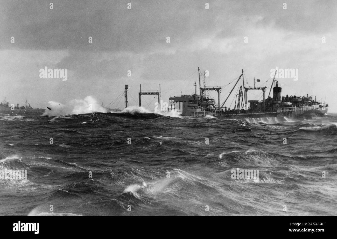 RFA Olna (A216) 1945 - 1966 ploughing through a North Atlantic swell. A Fleet tanker after paying off from the Royal Fleet Auxiliary  she was scrapped in Spain in 1967. Stock Photo