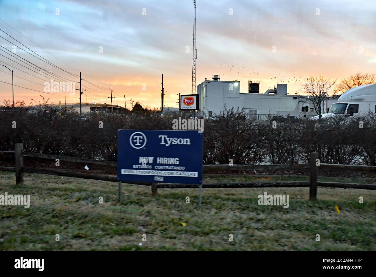 Emporia, Kansas, USA, January 8, 2020 Tyson Foods is hiring. Sign in