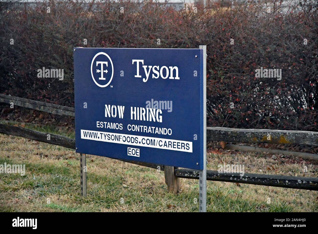 Emporia, Kansas, USA, January 8, 2020 Tyson Foods is hiring. Sign in