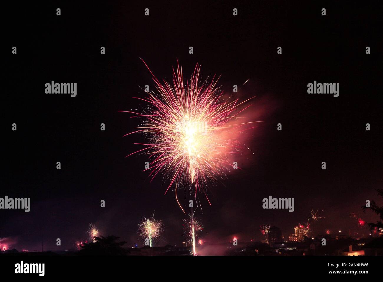 Celebration of New Year on Firework Party Stock Photo