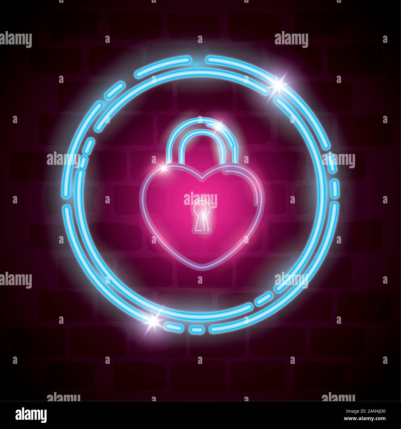 security padlock with heart shaped in neon light Stock Vector