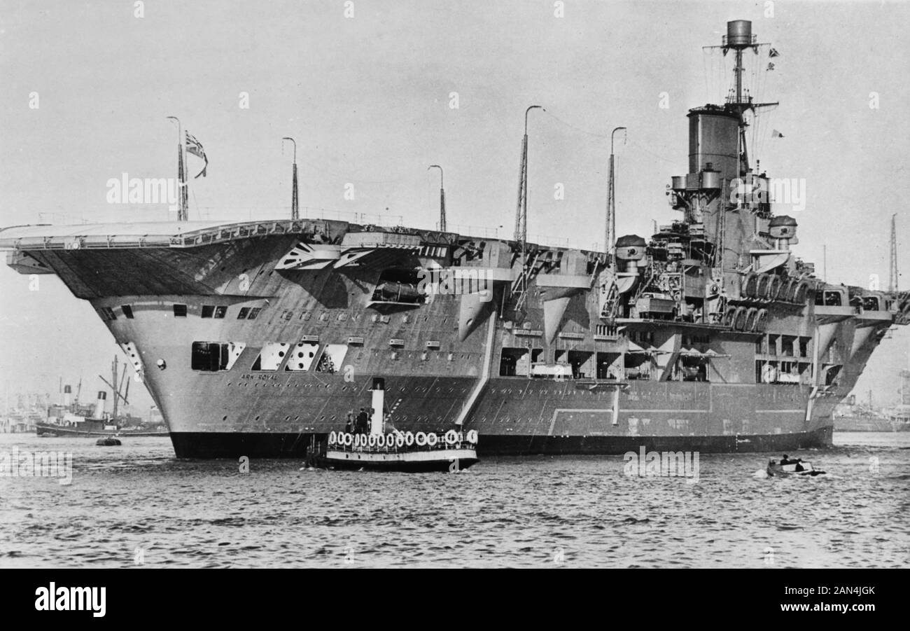 The Royal Navy aircraft carrier HMS Ark Royal (91) photographed soon after completion, circa late 1938 or early 1939. Stock Photo