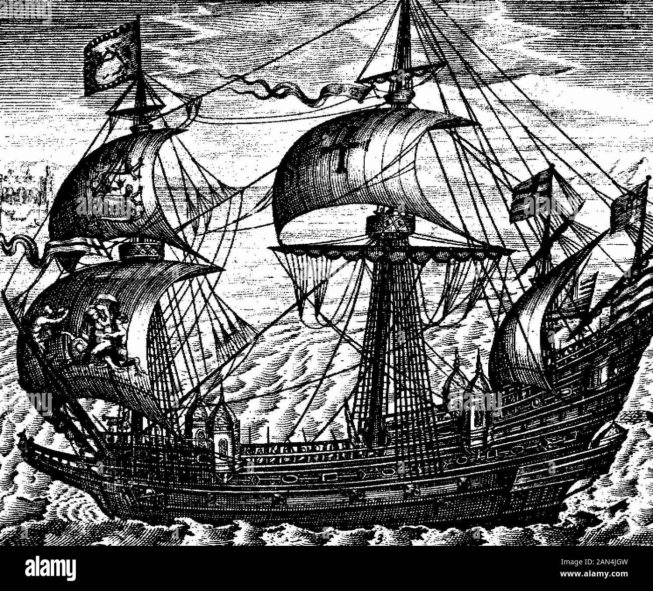 The Ark Royal (1587), by Claes Janszoon Visscher (Claes Jansz Visscher), (1587-1652) The galleon 'Ark Raleigh' was built at Deptford for Sir Walter Raleigh in 1587. The following year she was commissioned into the Royal Navy and re-named the 'Ark Royal'. She was the Lord High Admiral's flagship against the Spanish Armada in 1588. The vessel was 100 feet long on the keel, had a beam of 37 feet and carried 44 guns. Stock Photo