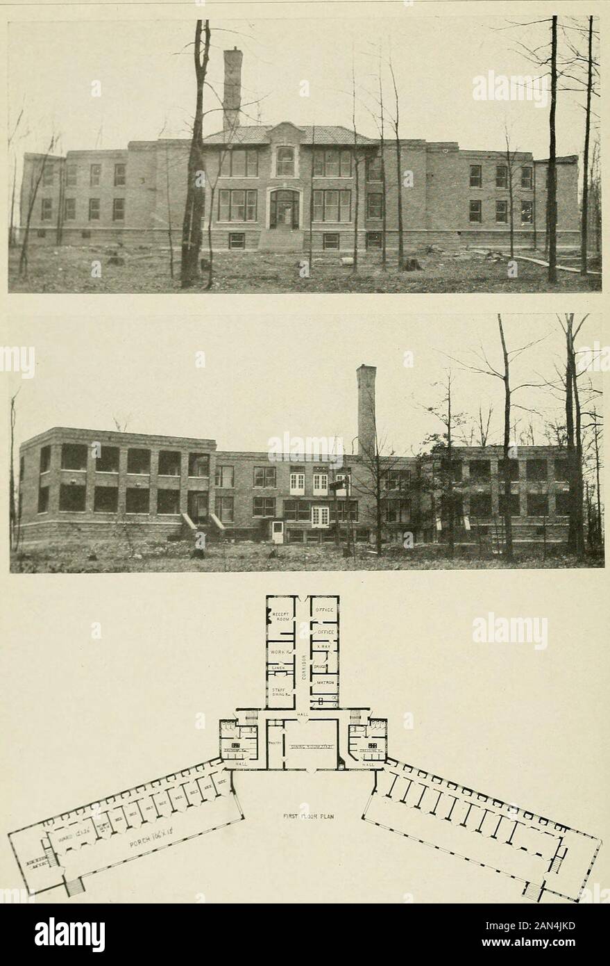 Tuberculosis hospital and sanatorium construction; . ernally with shingles, and should make an artisticand attractive structure. The building consists of a central section 25 feet wide by 80feet deep, having a basement and two stories, with wings or porches extending fromthe sides 86 feet long by 24 feet wide. The basement contains rooms for the heating plant, storage of coal and supplies.The first floor consists of a sitting room 25 feet wide by 30 feet deep, a dining room 25 feetwide by 16 feet deep, a kitchen 16 feet wide by 22 feet deep, a pantry 8 feet wide by 12feet deep, store-rooms, an Stock Photo