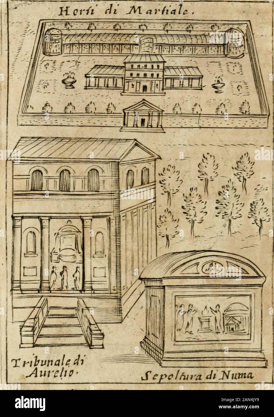 Ritratto di Roma antica : nel qvale sono figvrati i principali tempij, theatri, anfiteatri, cerchi, naumachie, archi trionfali, curie, basiliche, colonne, ordine del trionfo, dignita militari, e ciuili, riti cerimonie, & altre cose notabili : aggiuntoui di nuouo le vite, & effigie de' primi rè di essa, e le grandezze dell'Imperio Romano, con l'esplicationi istoriche de' piu celebri antiquarij . Dtl 114 ROMA. JDelU Sepoltura di Numa. DTcefi Numa efTere flato fepolco lotto il OhmC^loloue Lucio Pctilio Scrluano haueua le fue poffcf-noni, come fcriue Tito Liuio. Mentre, che i lauo-ratori entrauano Stock Photo