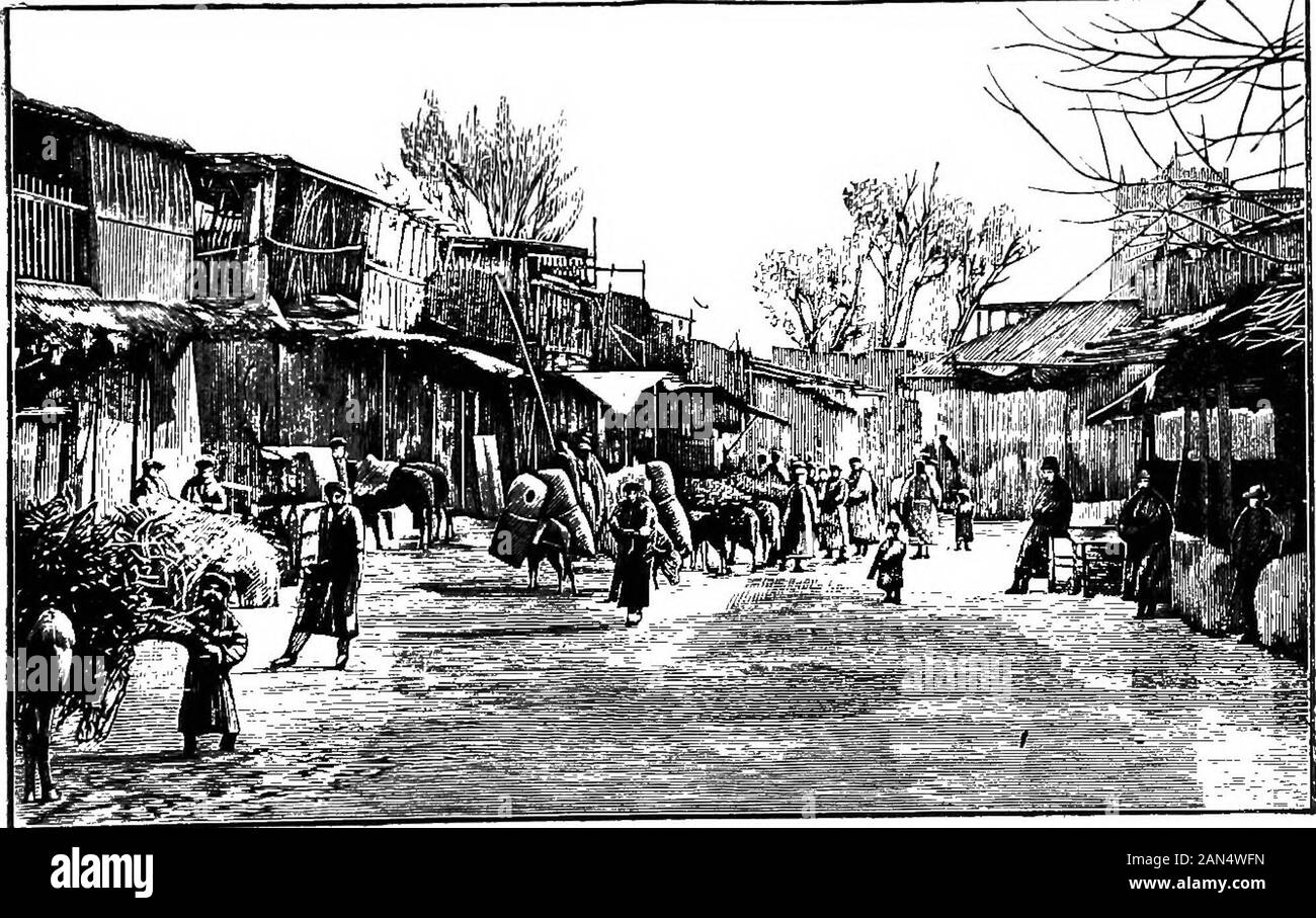 Commercial press geography of China . Crossing the feozen Yakkand River The great needs of Sinkiang are a strong military systemto protect it from danger, water and irrigation to reclaim barrenplaces, and improved roads and railways to make it more trulya part of the Chinese dominions.. Street scene in Yarkand 70 GEOGRAPHY OP CHINA TIBET (0 ii) Area 463,000 square miles CAPITAL, LHASA (^ M) Tibet is the highest plateau in the world. It is a largedouiitry, with but few people. Travellers sometimes call itThe Forbidden Land. The great mountain ranges of Tibet are (1) the Kwenlunsystem, whose mai Stock Photo