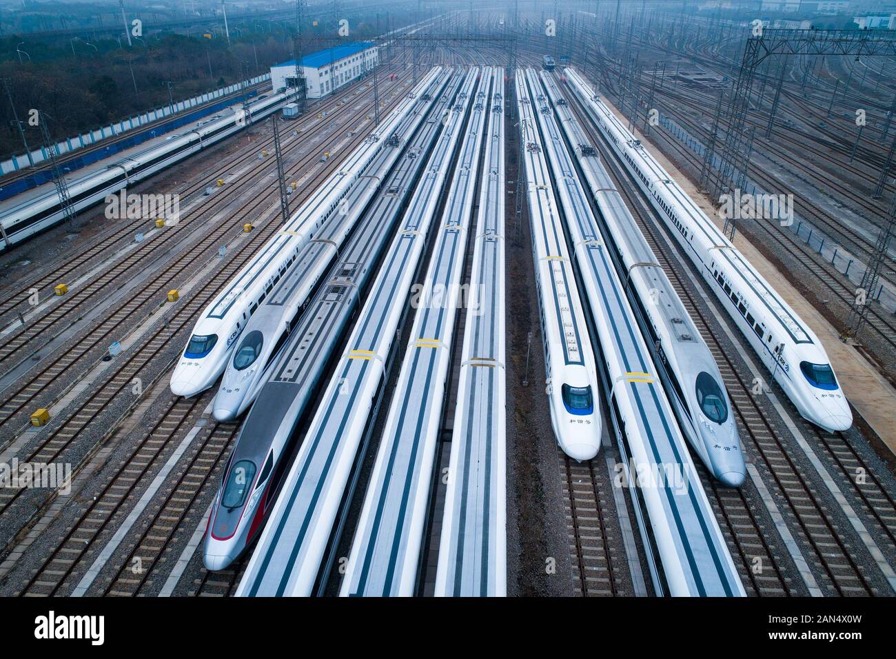 An Aerial View Of High Speed Trains Parking At Wuhan Railway Station Wuhan City Central China S Hubei Province 30 December 19 China State Rail Stock Photo Alamy