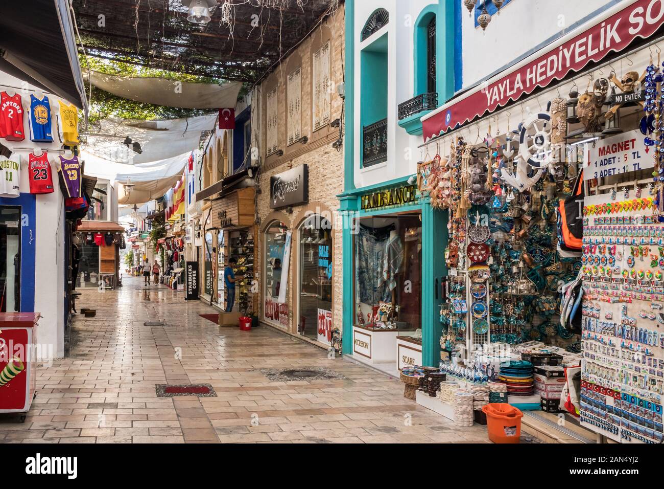 Bodrum, Turkey - September 15th 2019: Pedestrian street in the tourist area. SHops sell souvenirs and gifts to tourists. Stock Photo
