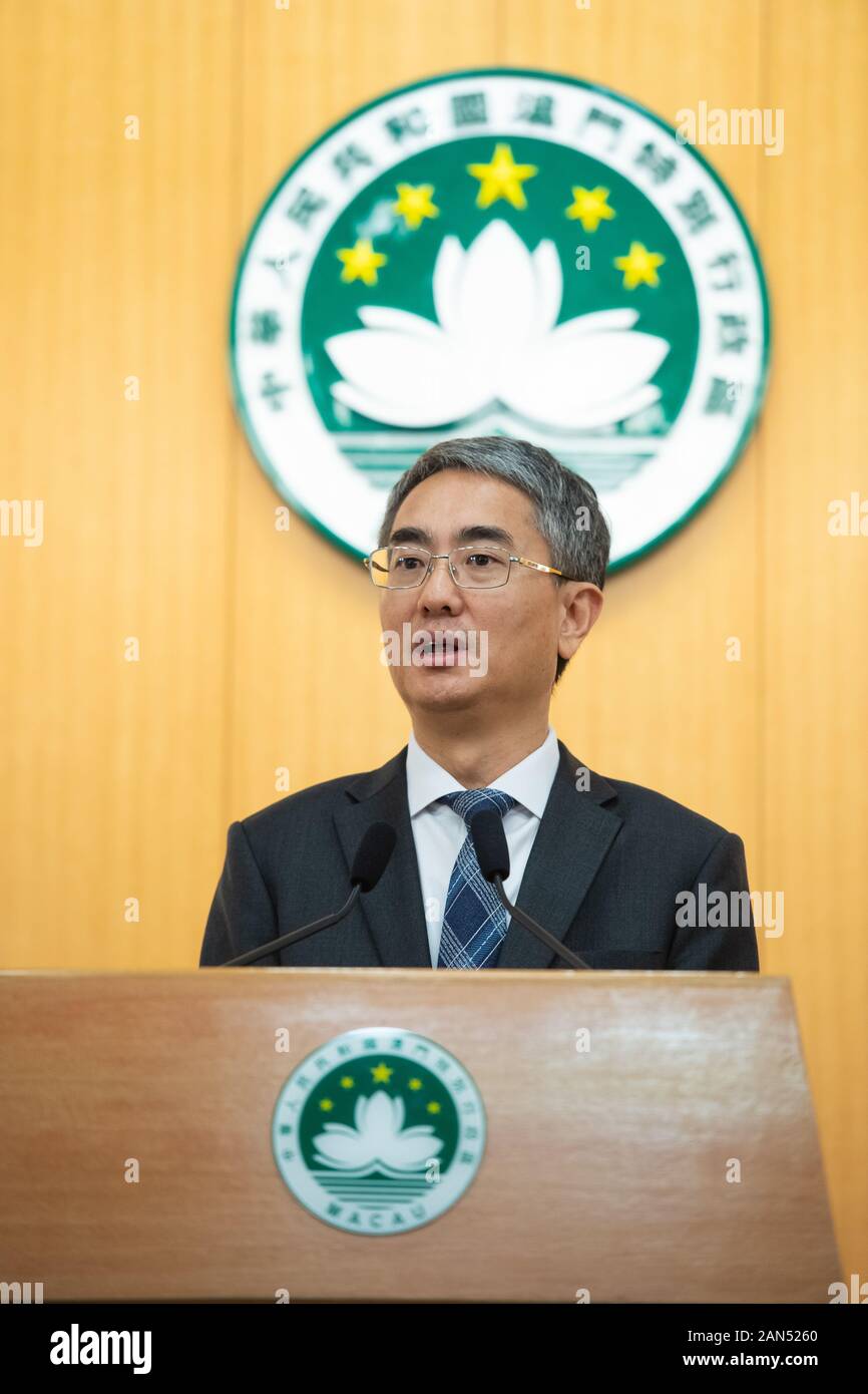 Cheong Weng Chon, Secretary for Administration and Justice, speaks at the press conference at the Macao Government Headquarters in Macao, China, 2 Dec Stock Photo